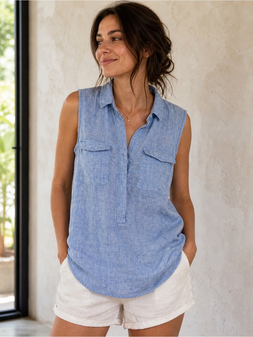 Jones New York Jones & Co Women's Medium 100% Linen Blue Sleeveless Tunic Blouse